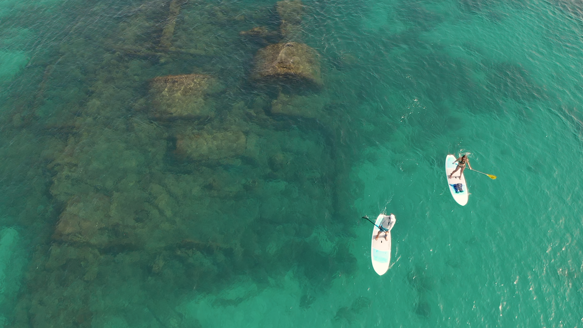 An overhead view of two people on paddleboards.