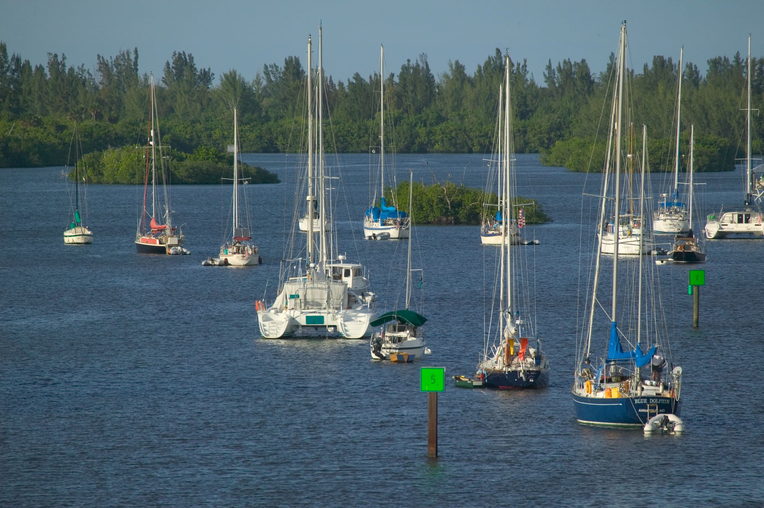 Sailboats anchored in Indian River Lagoon.